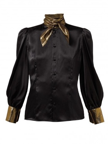 EDELTRUD HOFMANN Nico black high-neck silk blouse / shimmering lamé trims - flipped