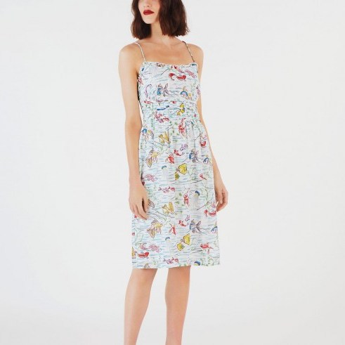 OCEAN FISH SUNDRESS | Cath Kidston | Made from cotton, the dress has adjustable tie spaghetti straps with a frill neckline and a fitted, gathered waist - flipped