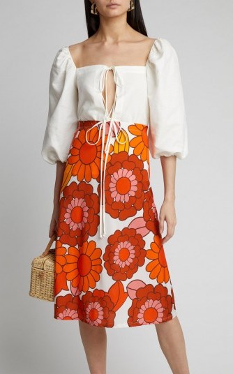 DoDo Bar Or Odetta Floral-Print Midi Skirt ~ 70s style orange flower prints - flipped