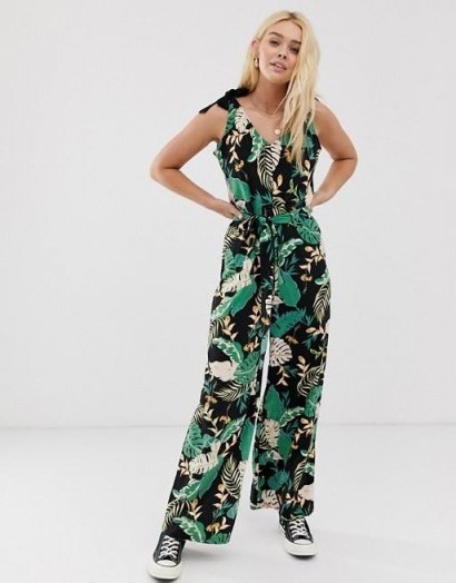 Only tie shoulder tropical jumpsuit in black | summer print jumpsuits - flipped