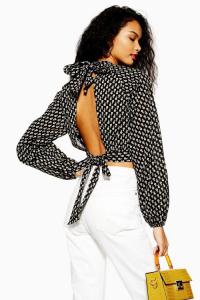Topshop Open Back Top In Ditsy Print in Black | high neck cropped hem blouse