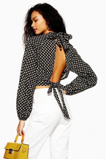 Topshop Open Back Top In Ditsy Print in Black | high neck cropped hem blouse - flipped