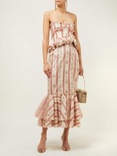 BROCK COLLECTION Ophelie floral-stripe midi dress ~ thin strap ruffled dresses - flipped