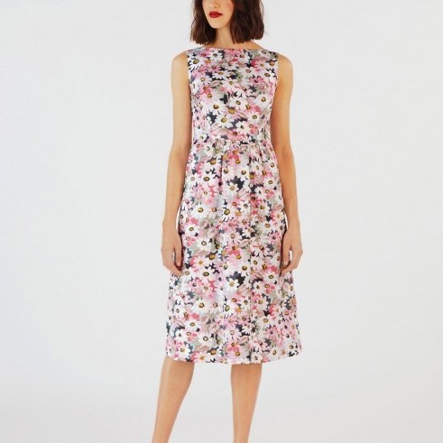 PAINTED DAISY COTTON SLEEVELESS DRESS | Cath Kidston | This Painted Daisy dress has a classic sleeveless cut and sophisticated midi length, with a fitted bodice and waist and softly pleated skirt. The fresh floral print is perfect for summer, and it’s cut from crisp cotton - flipped