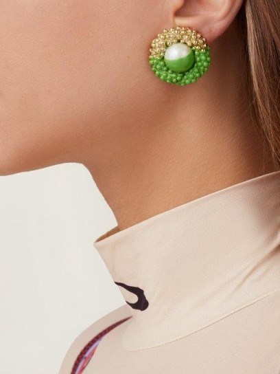 MARINE SERRE Painted faux-pearl stud clip earrings in green - flipped