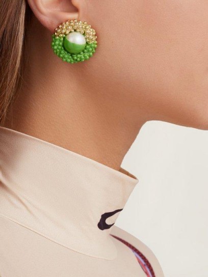 MARINE SERRE Painted faux-pearl stud clip earrings in green