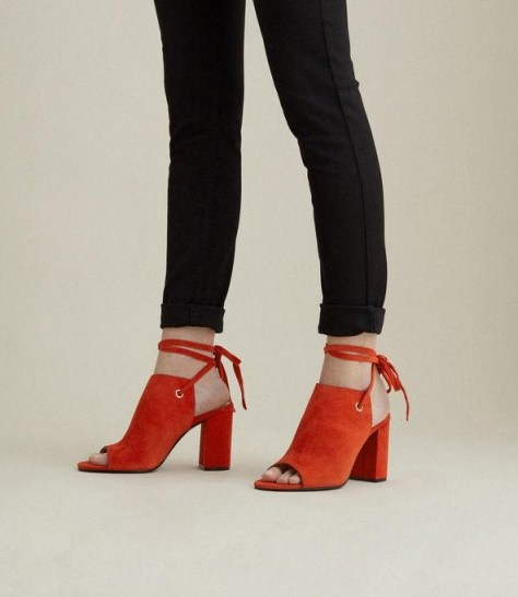 KAREN MILLEN Peep-Toe Boots in red ~ strappy ankle tie booties - flipped