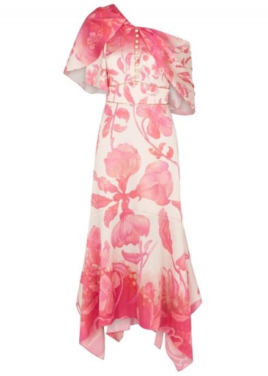 PETER PILOTTO Floral-print stretch-silk midi dress ~ pink asymmetric event wear