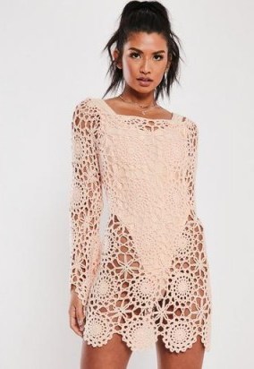 MISSGUIDED pink crochet bardot flare sleeve mini dress - flipped