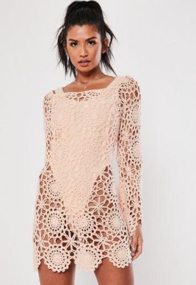 MISSGUIDED pink crochet bardot flare sleeve mini dress