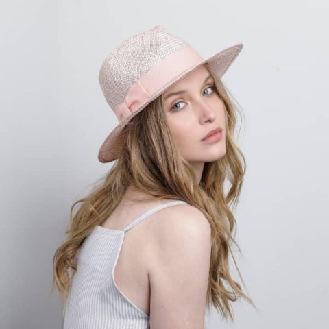 Pink Fedora Hat by Justine Hats | Wolf & Badger | Straw fedora hat in light pink, with grosgrain band - flipped