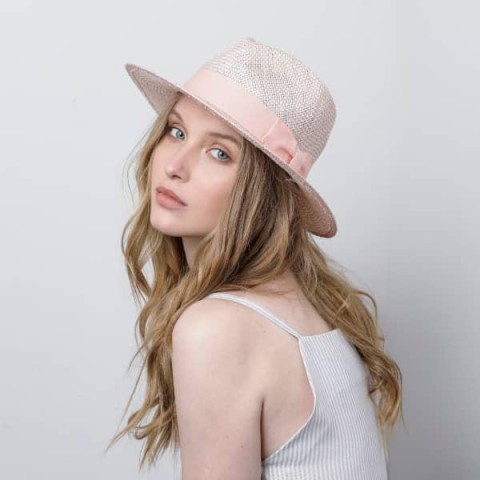 Pink Fedora Hat by Justine Hats | Wolf & Badger | Straw fedora hat in light pink, with grosgrain band