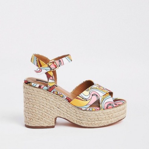 RIVER ISLAND Pink print espadrille platform heels – chunky summer slingback sandals - flipped