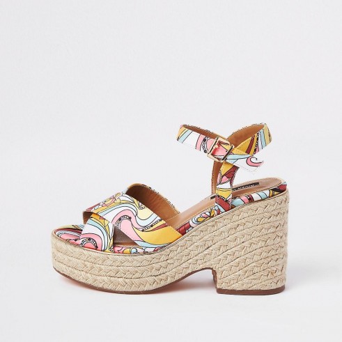 RIVER ISLAND Pink print espadrille platform heels – chunky summer slingback sandals