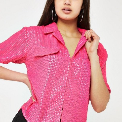 RIVER ISLAND Pink sequin embellished shirt – shiny shirts - flipped