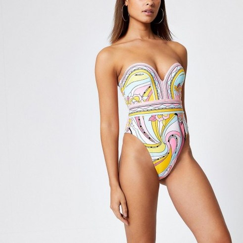 River Island Pink swirl balconette swimsuit | plunging swimsuits - flipped