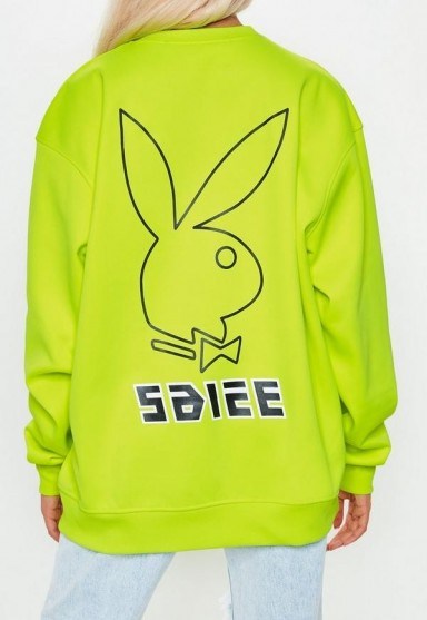 playboy x missguided lime slogan back sweatshirt – bright bunny prints - flipped