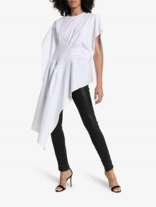 Poiret Asymmetric Hem Cinched Waist Cotton T-Shirt in White | longline statement tee - flipped