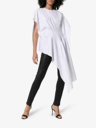 Poiret Asymmetric Hem Cinched Waist Cotton T-Shirt in White | longline statement tee