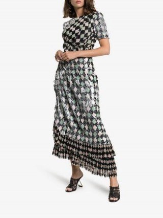 Preen By Thornton Bregazzi Addison Sequin-Embellished Diamond-Print Maxi Dress in Black / pink and green diamond harlequin patterned dresses - flipped