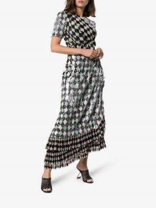 Preen By Thornton Bregazzi Addison Sequin-Embellished Diamond-Print Maxi Dress in Black / pink and green diamond harlequin patterned dresses