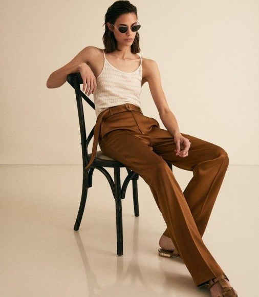REISS PRIMROSE SATIN BELTED WIDE LEG TROUSERS TOBACCO ~ effortless style clothing - flipped