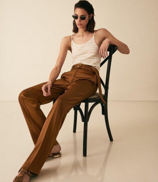REISS PRIMROSE SATIN BELTED WIDE LEG TROUSERS TOBACCO ~ effortless style clothing