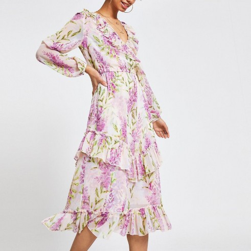 RIVER ISLAND Purple floral frill maxi dress – ruffled summer dresses