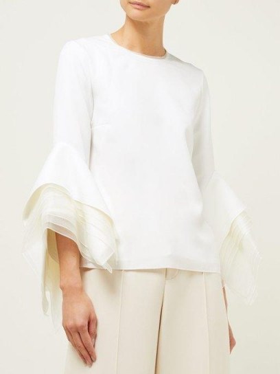 ROKSANDA Rana tiered fluted organza-cuff cady top in white ~ lace trimmed neck detail - flipped