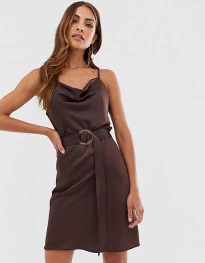 River Island slip dress with belt in chocolate | dark-brown cami dresses