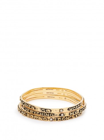 CHLOÉ Set of three slogan-embossed bracelets | gold tone designer bangles