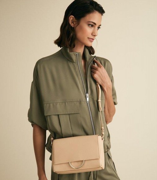REISS SHERWAY LEATHER CROSS BODY BAG TAUPE ~ everyday luxe - flipped