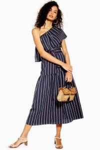 Topshop SICILY Stripe One Shoulder Midi Dress in navy blue | striped summer dresses