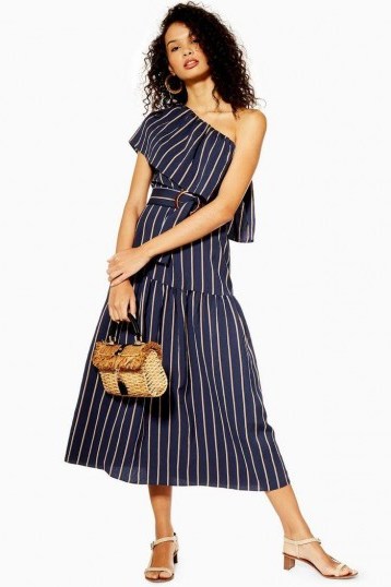 Topshop SICILY Stripe One Shoulder Midi Dress in navy blue | striped summer dresses - flipped