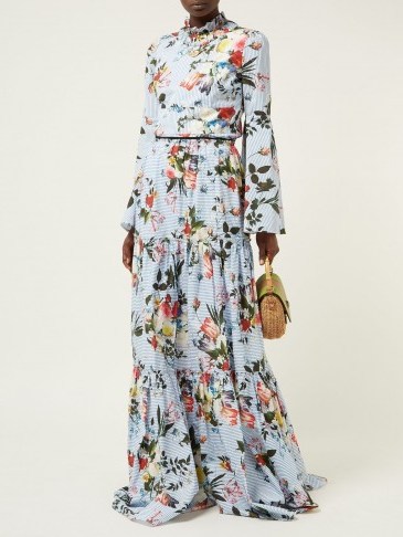ERDEM Sigrid tiered floral-print cotton maxi skirt | Matches Fashion | Crafted in England | Erdem’s romantic blue cotton-poplin Sigrid maxi skirt features slender horizontal stripes juxtaposed by painterly flowers - flipped