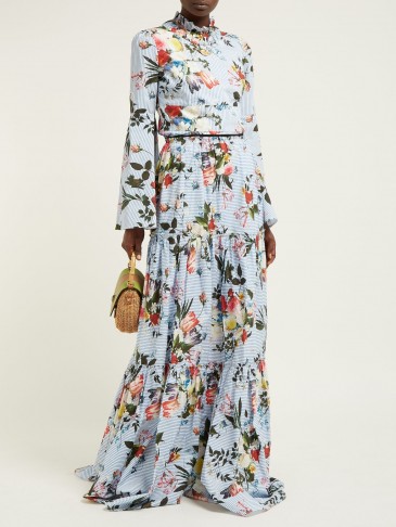 ERDEM Sigrid tiered floral-print cotton maxi skirt | Matches Fashion | Crafted in England | Erdem’s romantic blue cotton-poplin Sigrid maxi skirt features slender horizontal stripes juxtaposed by painterly flowers