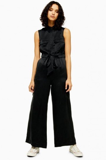Topshop Boutique Silk Utility Jumpsuit in black | luxe utilitarian fashion | sleeveless waist tie jumpsuits - flipped
