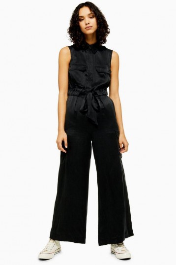 Topshop Boutique Silk Utility Jumpsuit in black | luxe utilitarian fashion | sleeveless waist tie jumpsuits