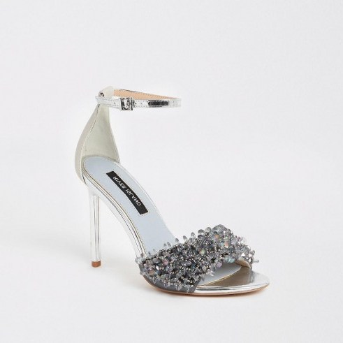 River Island Silver beaded slim heel sandals | luxe look party heels - flipped