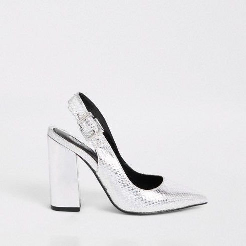 RIVER ISLAND Silver block heel sling back court shoes – metallic party slingbacks - flipped