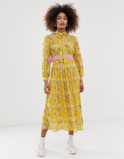 Sister Jane belted midi dress with pleated skirt in bright vintage floral in yellow | retro dresses - flipped