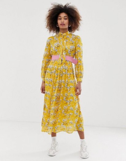 Sister Jane belted midi dress with pleated skirt in bright vintage floral in yellow | retro dresses