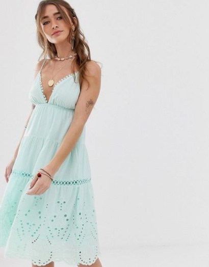 Sisters Of The Tribe tiered cami midi dress in mint green | festival slip dresses - flipped