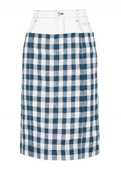 SJYP Checked linen and stretch-denim midi skirt | white and blue gingham pencil skirts - flipped