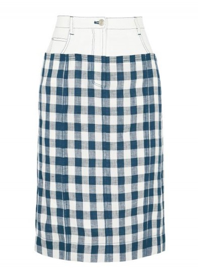 SJYP Checked linen and stretch-denim midi skirt | white and blue gingham pencil skirts
