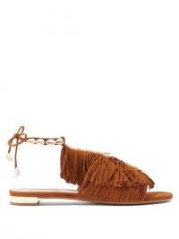 AQUAZZURA So Tulum fringed suede sandals in tan | boho summer flats
