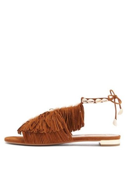 AQUAZZURA So Tulum fringed suede sandals in tan | boho summer flats - flipped