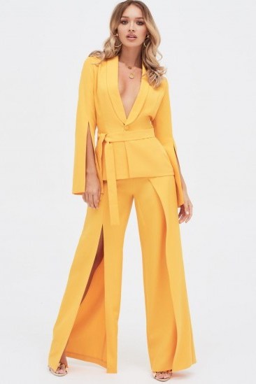 LAVISH ALICE split sleeve shawl collar belted jacket in golden yellow – evening glamour - flipped