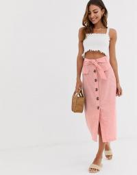 Stradivarius button front midi skirt with bow in pink | classic summer style skirts