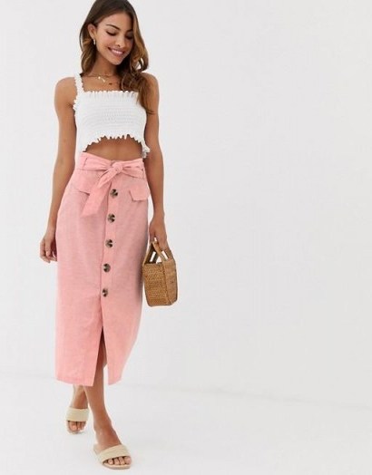 Stradivarius button front midi skirt with bow in pink | classic summer style skirts - flipped